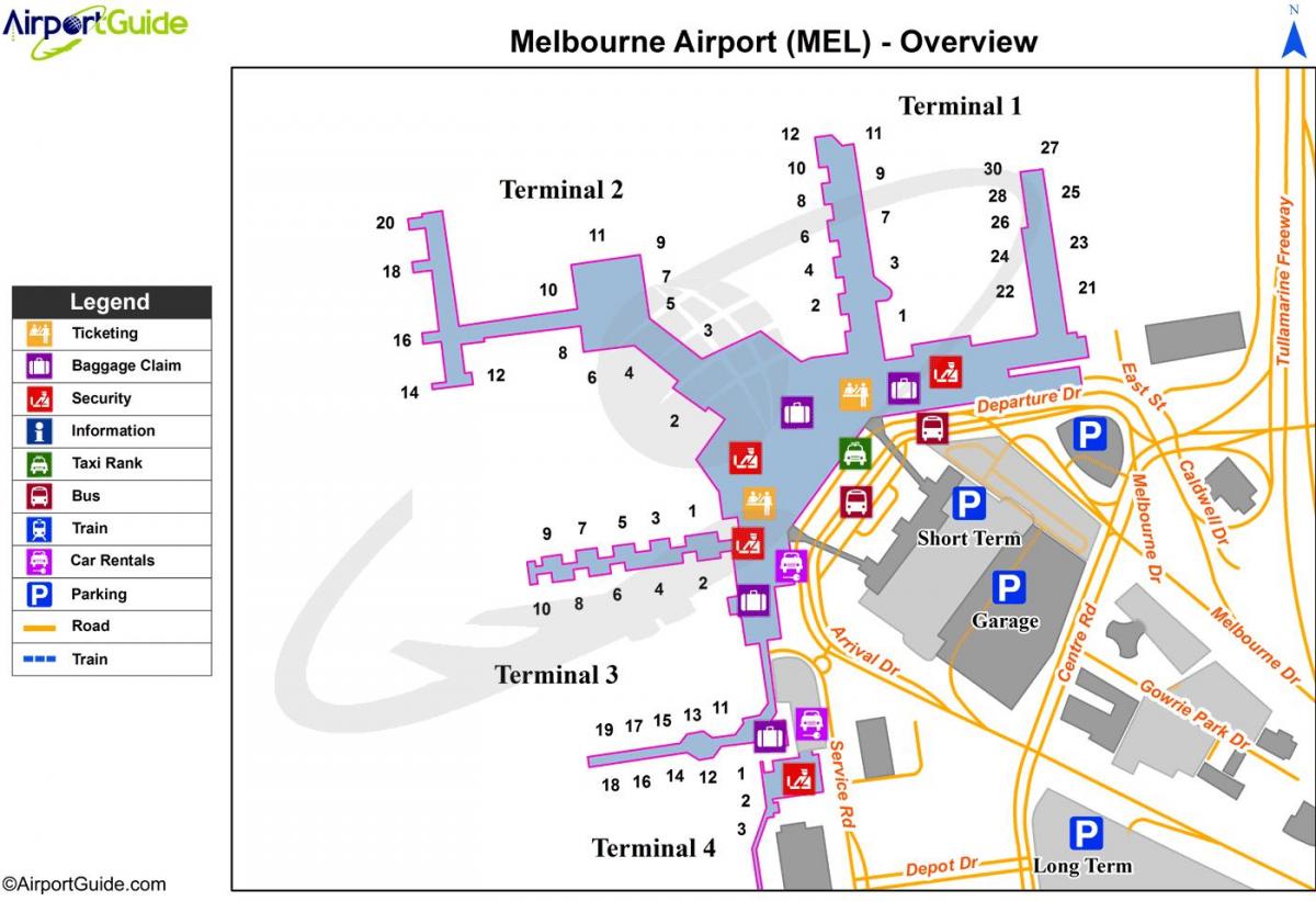 la carte de Melbourne, les terminaux de l'aéroport